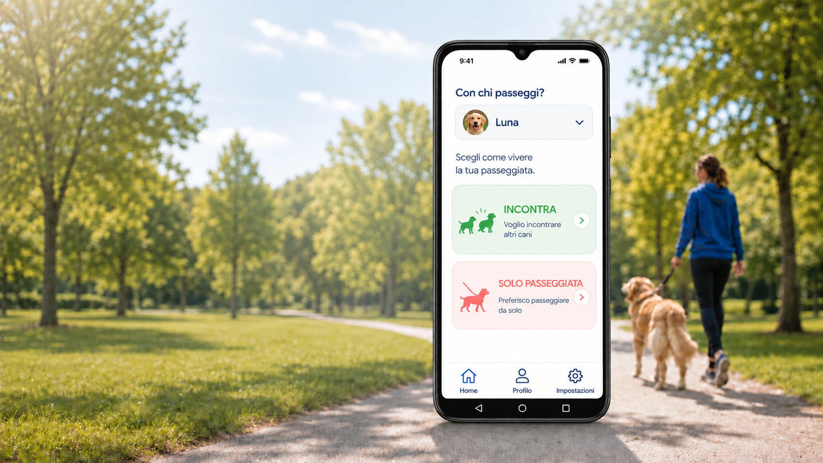 Donna con il suo cane al parco accanto allo smartphone MeetDogs con INCONTRA e SOLO PASSEGGIATA