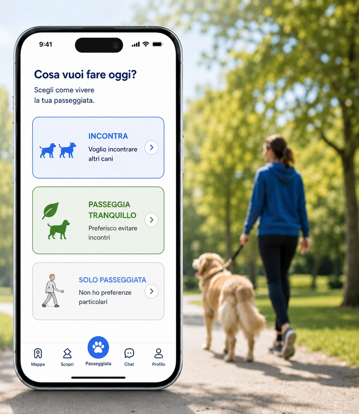 Schermata principale di MeetDogs con le tre modalità Incontra, Passeggia tranquillo e Solo passeggiata