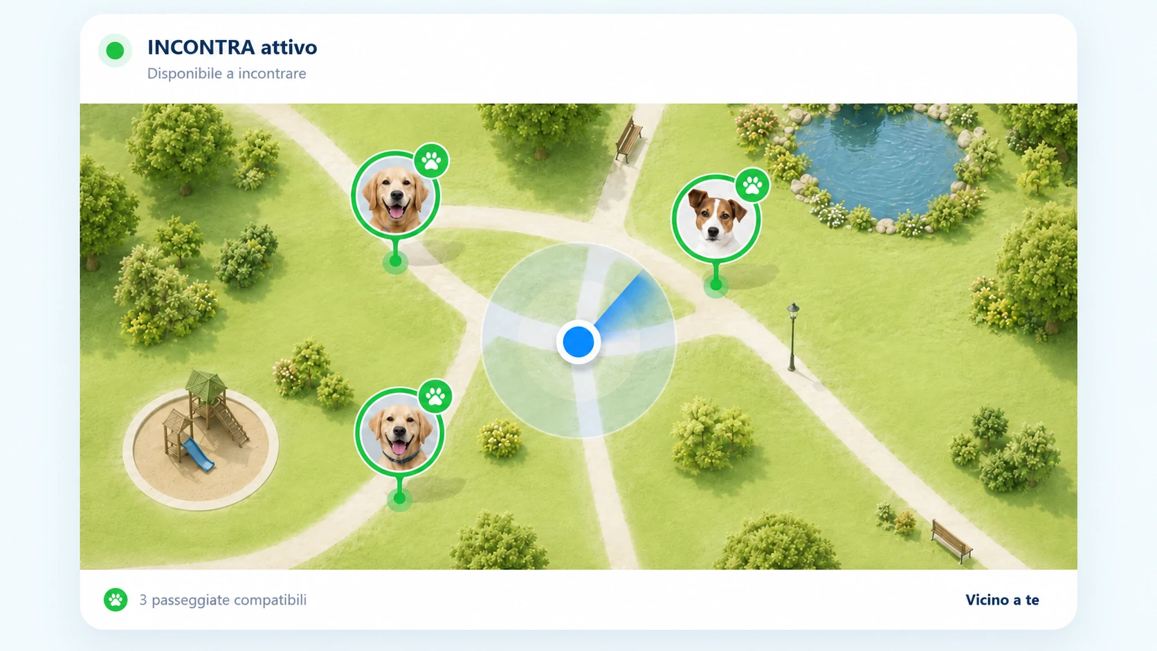 Anteprima MeetDogs in modalità INCONTRA con indicatori verdi e posizione GPS blu