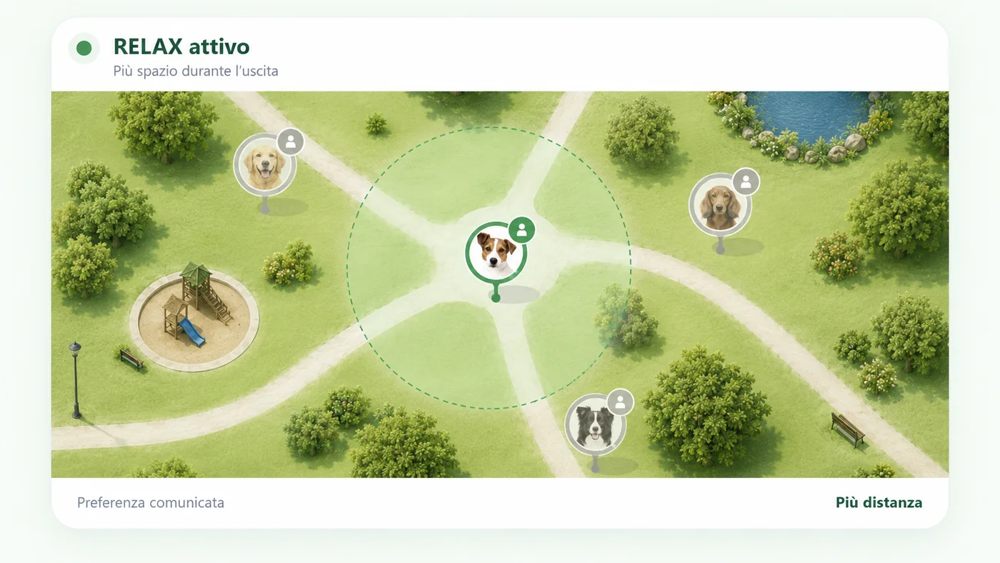 Anteprima MeetDogs in modalità RELAX: mappa con spazio personale e altre passeggiate mantenute a distanza