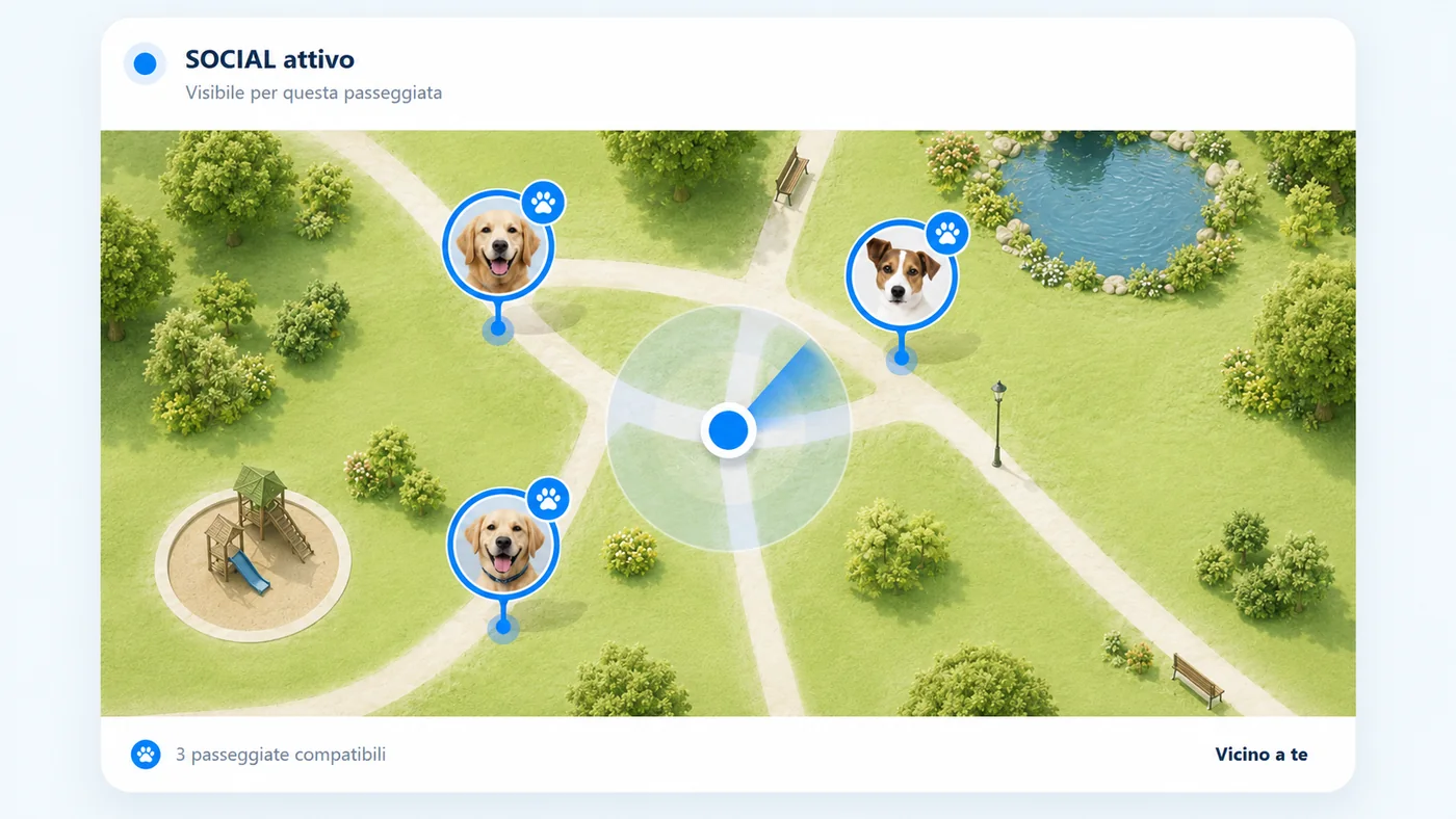 Anteprima MeetDogs in modalità SOCIAL: mappa del parco con passeggiate compatibili vicine