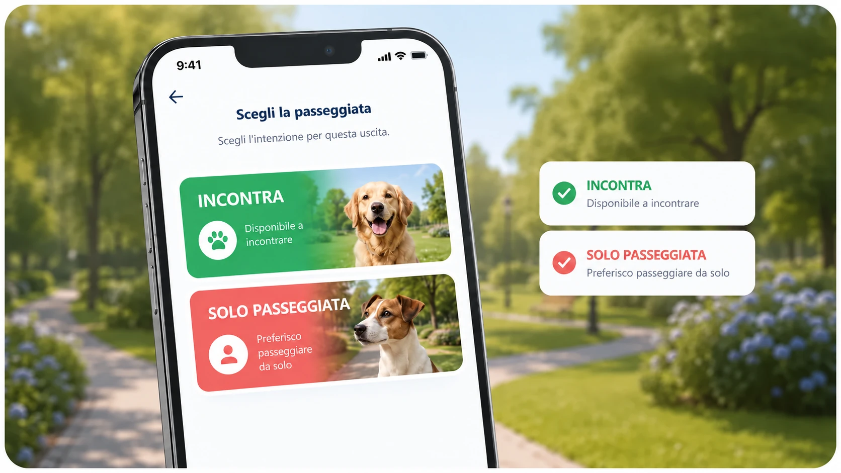 Schermata MeetDogs per scegliere INCONTRA oppure SOLO PASSEGGIATA