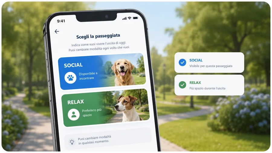 Schermata MeetDogs per scegliere la modalità SOCIAL oppure RELAX