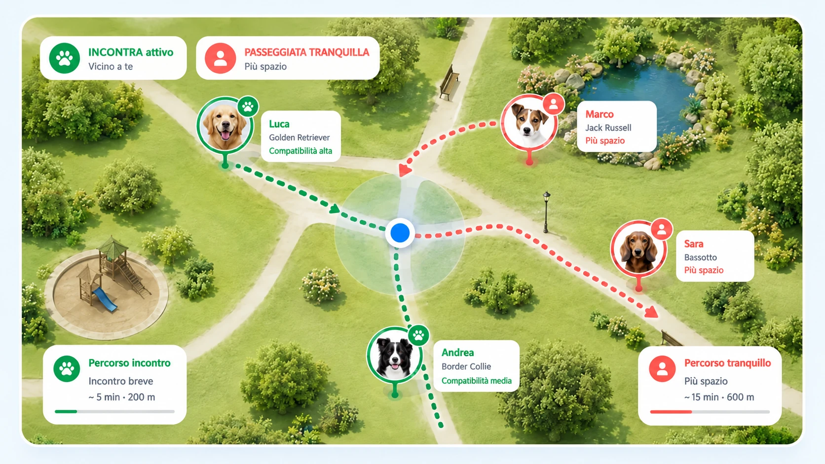 Mappa MeetDogs con percorso incontro verde e percorso tranquillo corallo