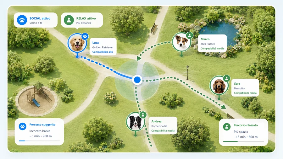 Mappa MeetDogs con percorsi suggeriti per incontrare una passeggiata compatibile o mantenere più spazio