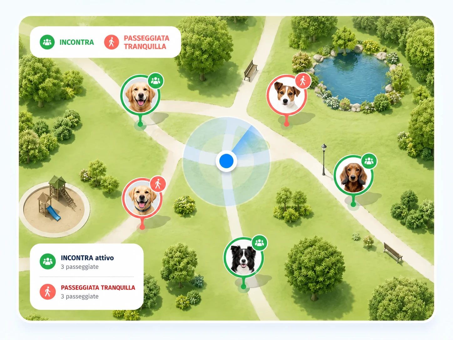 Mappa MeetDogs con passeggiate INCONTRA verdi e PASSEGGIATA TRANQUILLA corallo nelle vicinanze