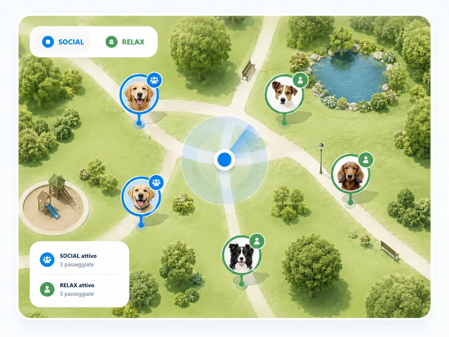 Mappa MeetDogs con la posizione dell'utente e le passeggiate SOCIAL e RELAX nelle vicinanze